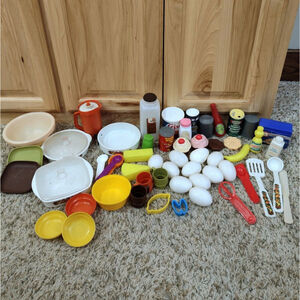 Vintage Large Lot Of 55 Random Childrens Play Kitchen Items Pieces Food Dishes